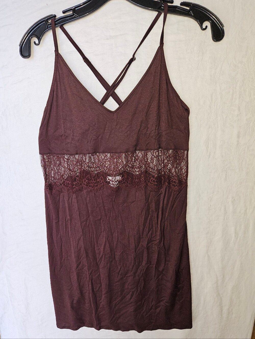 Hanro Brown Lace-Trim V-Neck Chemise with Cross-Back Adjustable Straps Small NWT